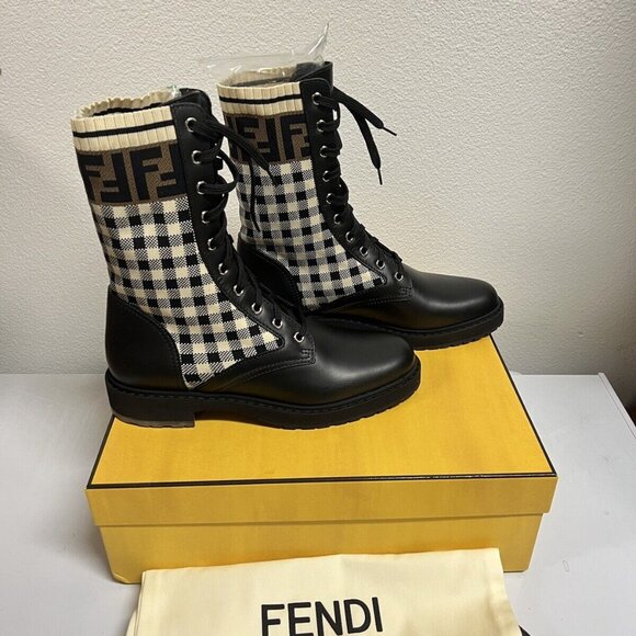 Fendi Rockoko Logo Combat Knit Domino Signature Biker Combat Boots 36/38.5 - Picture 7 of 10